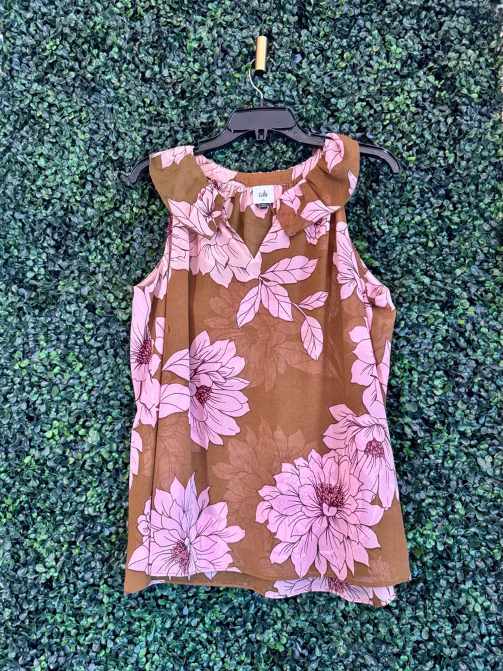 CAbi Brown Sleeveless Top with Pink Floral Print